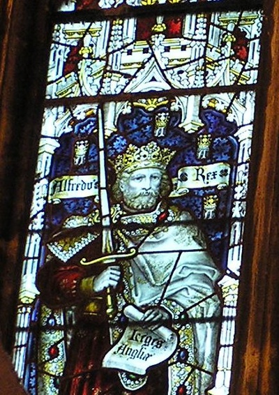 Alfred the Great stained glass window in Bristol Cathedral, image available through Creative Commons