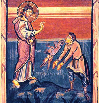 Jesus casting out demons, medieval illumination