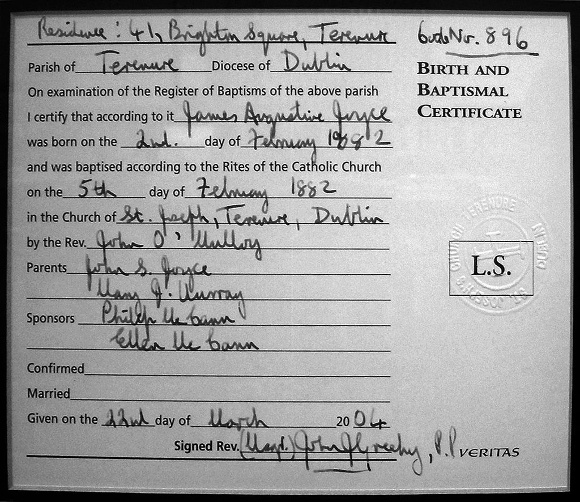 James Joyce birth and baptismal certificate, image available through Creative Commons