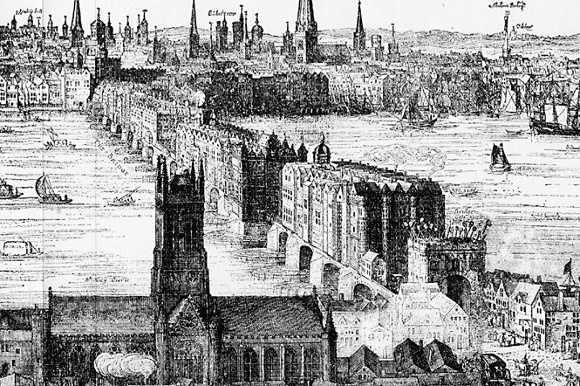 Engraving by Claes Van Visscher showing London Bridge in 1616