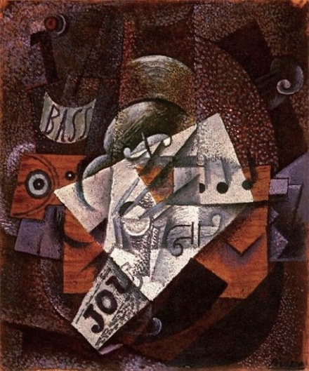 Picasso cubist painting Bouteille, clarinette, violon, journal, verre taken from Wikipedia