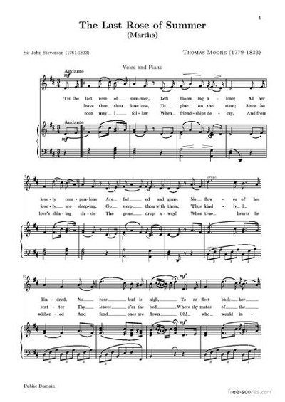 Sheet music of The Last Rose of Summer by Thomas Moore