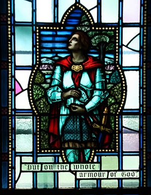Whole armour of God stained glass panel Royal Military College of Canada, image available through Creative Commons