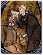 Monk drinking wine from a barrel